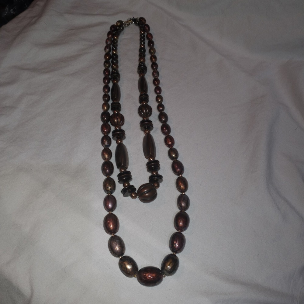 Necklaces Beaded Copper-Tone Brown Boho Egg Disc Round Variegated Lot Of 2